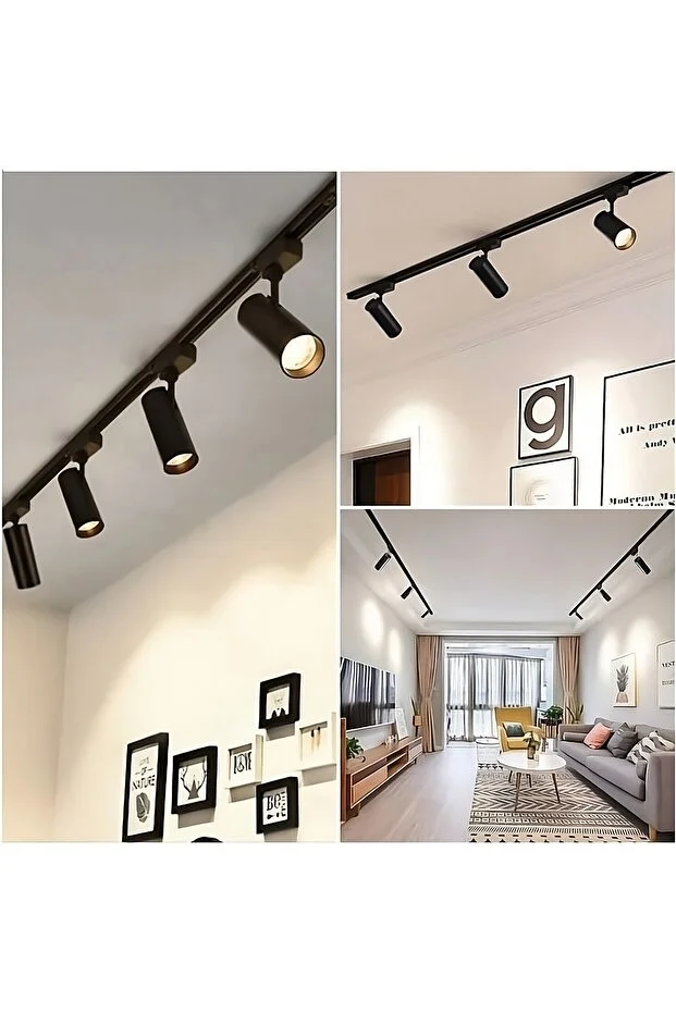 Siyah kasa, beyaz ışık, 6 adet, 360° dönen LED ray spot ve 2 metre raylı armatür